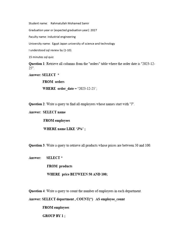 SQL Quiz Rahma | PDF