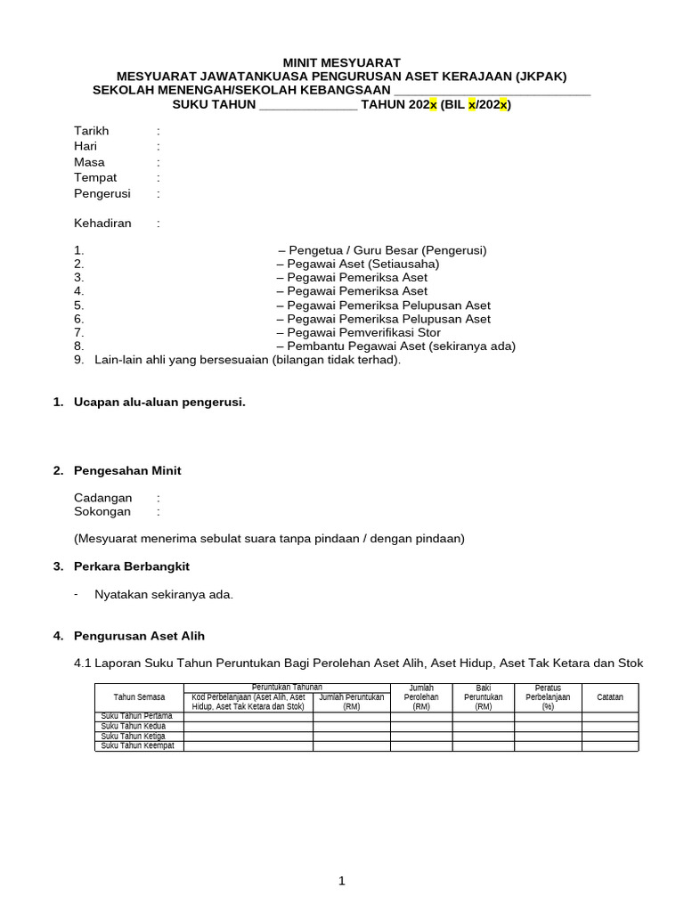 Templat Minit Mesyuarat Jkpak Sekolah | PDF
