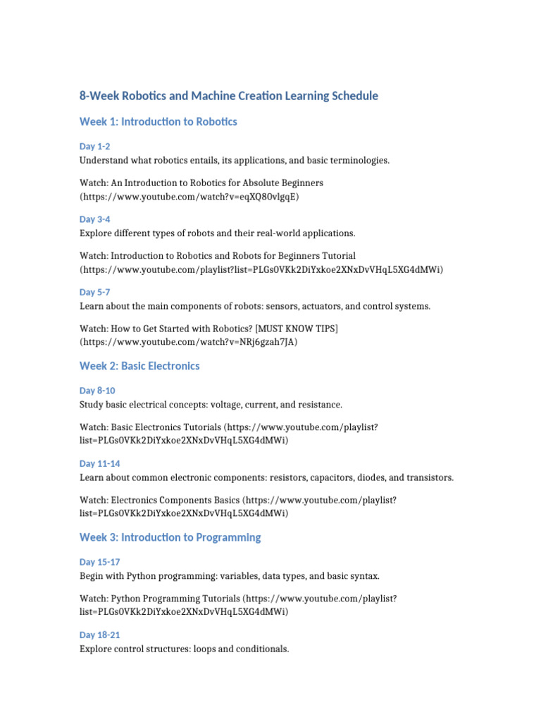8-Week Robotics Learning Plan | PDF