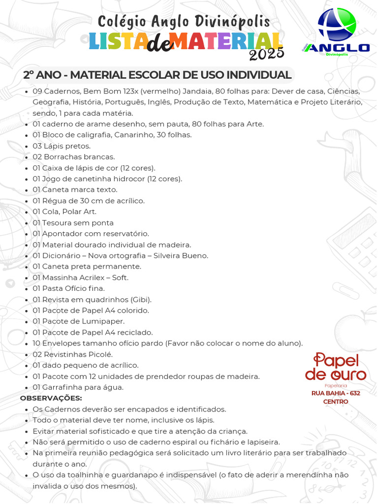 Anglo - 2º ANO - Lista 2025 | PDF