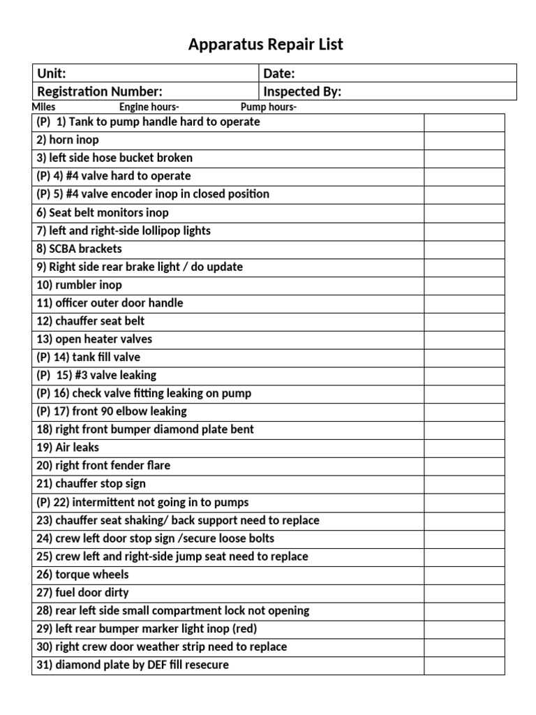 Fire Apparatus Repair Checklist | PDF