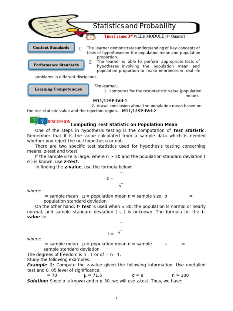 Computing Test Statistics For Hypothesis Testing Pdf Statistics