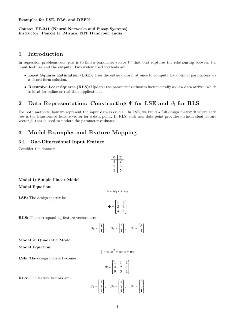 Examples for LSE, RLS, and RBFN | PDF | Mean Squared Error | Kalman Filter
