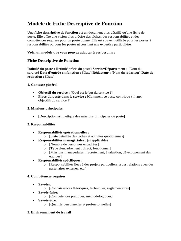 Modèle de Fiche Descriptive de Fonction | PDF | Gestion des ressources ...