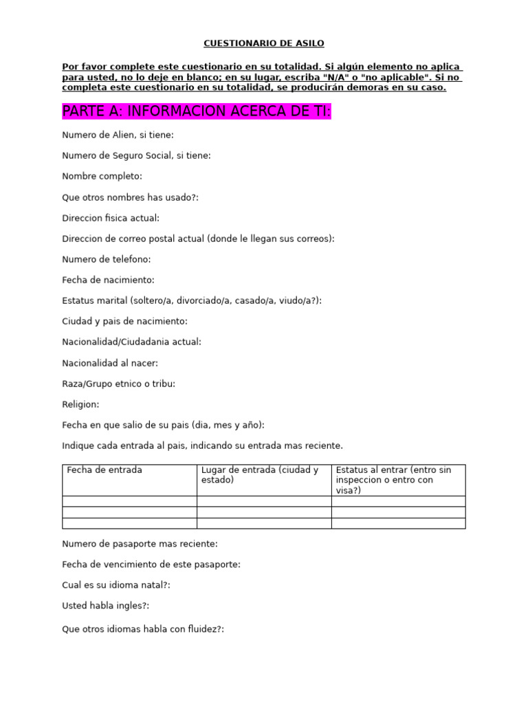 Cuestionario Completo de Asilo | PDF