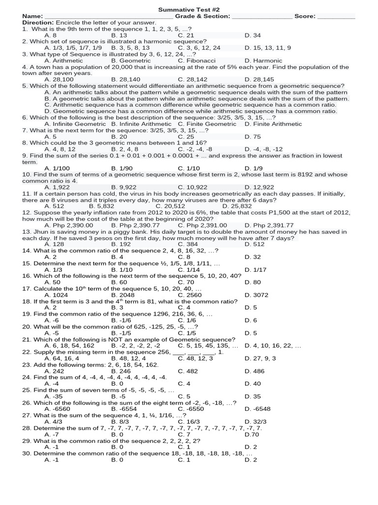 Summative Test #2 - Geometric Sequence | PDF | Summation | Sequence