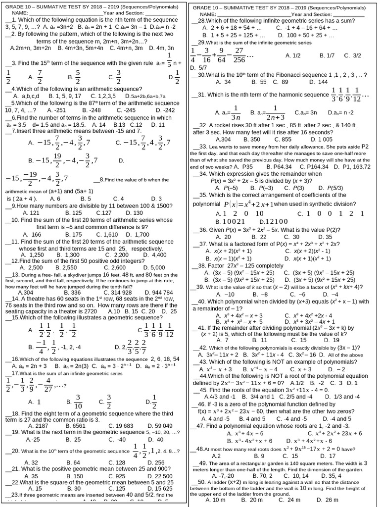 Summative Test Sequence and Polynomials | PDF | Zero Of A Function ...