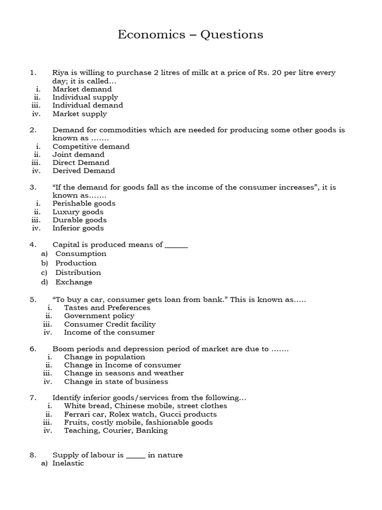 Economics Quiz for Students | PDF | Demand | Money