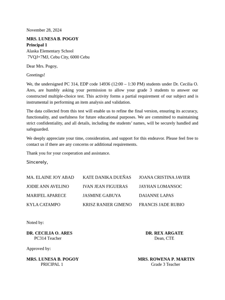 Item Analysis - Permission Letter | PDF