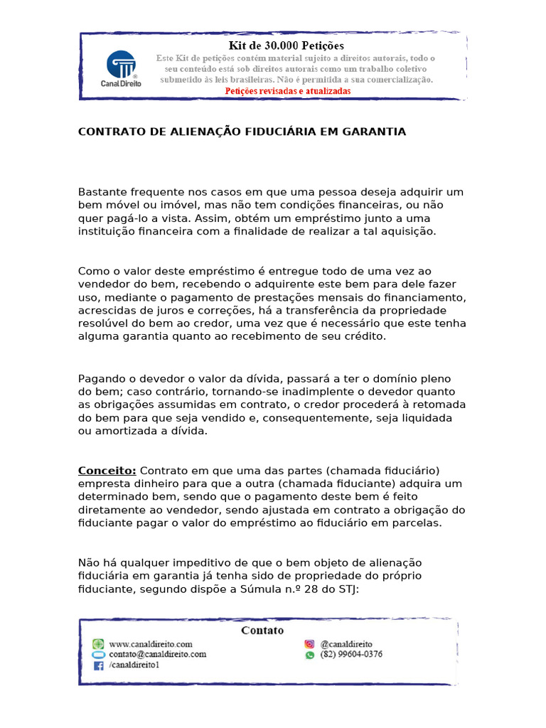 Contrato de Alienação Fiduciária | PDF | Empréstimos | Direito Civil ...