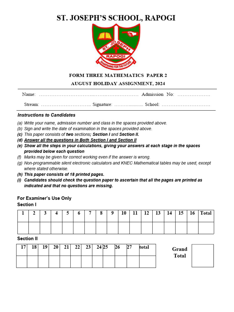 St. Joseph's School Form 3 Math Assignment | PDF | Circle | Arithmetic