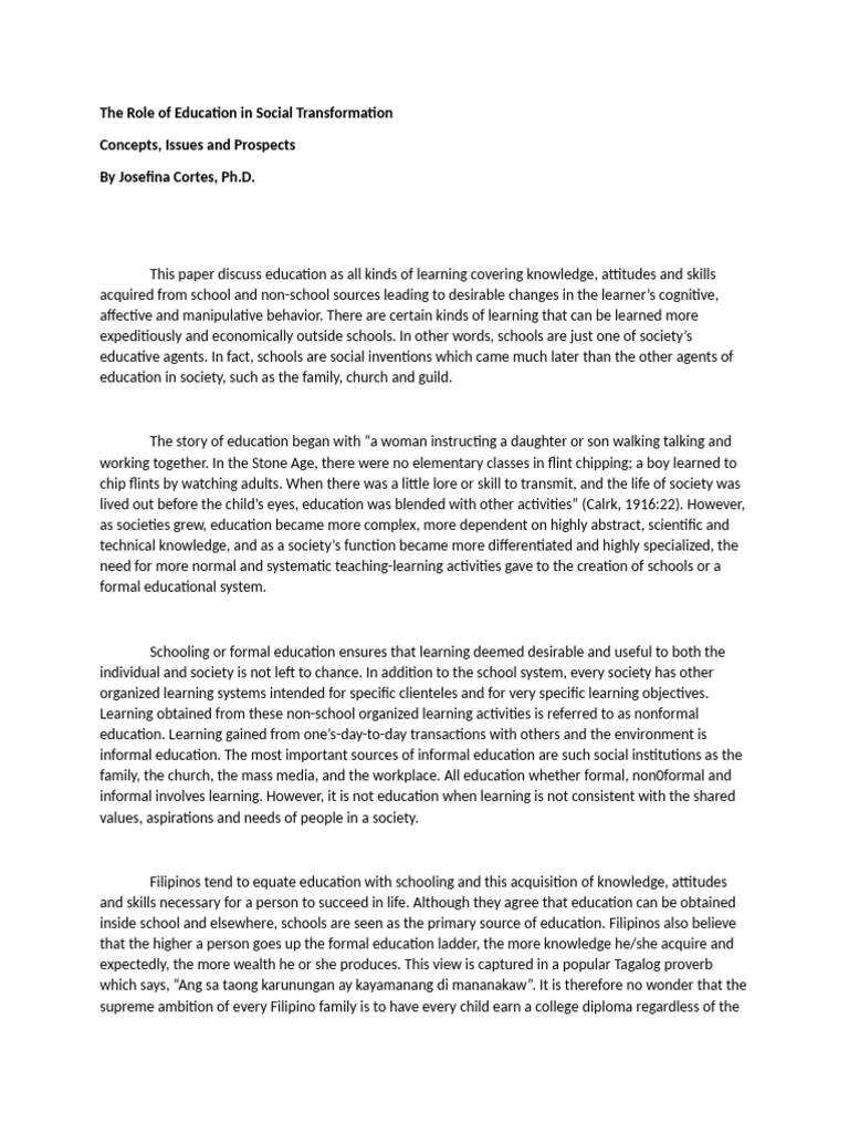 The Role of Education in Social Transformation | PDF | Learning | Literacy