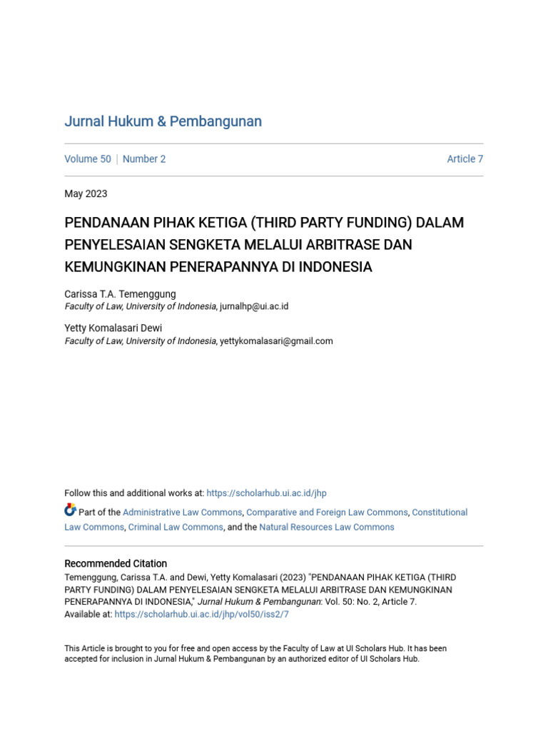 Pendanaan Pihak Ketiga dalam Arbitrase Indonesia | PDF