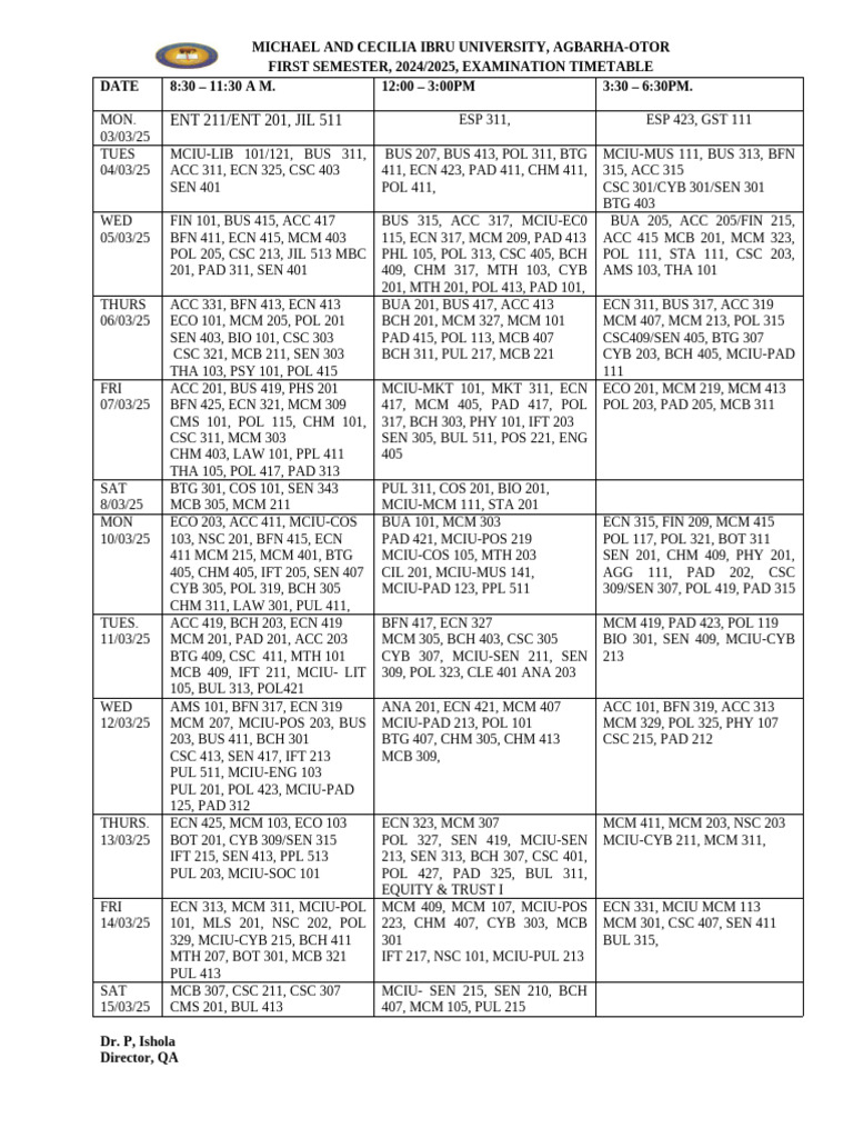 First Semester Exam Timetable 2024/25 | PDF