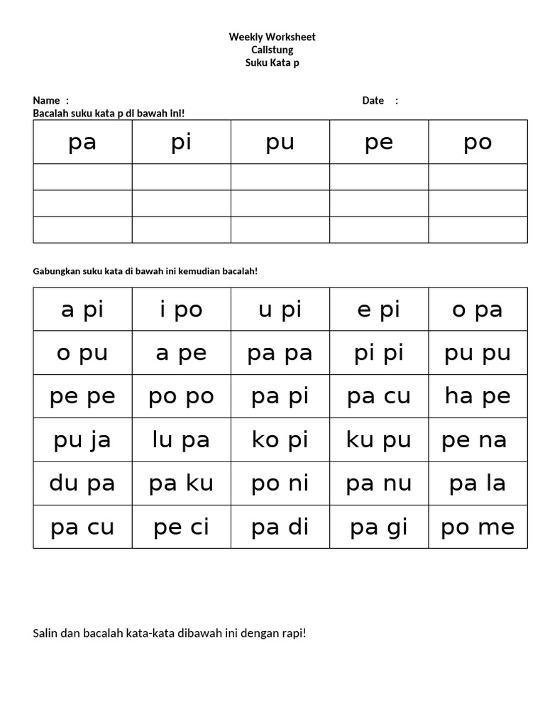 Pa Pi Pu Pe Po: Weekly Worksheet Calistung Suku Kata P | PDF