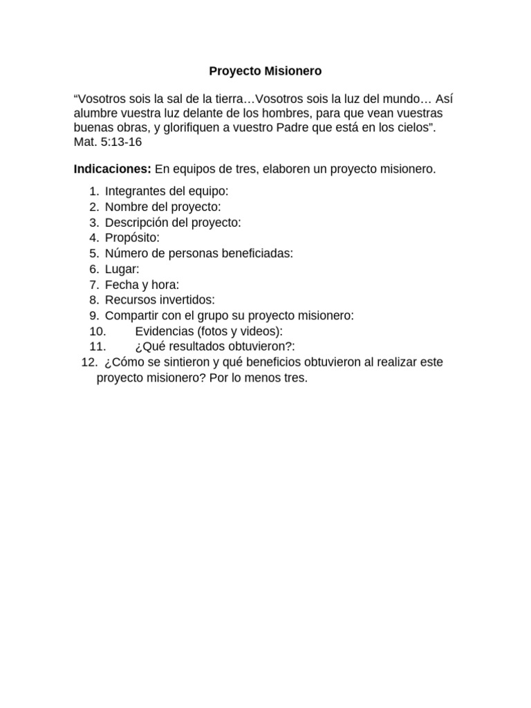 Planeaci%c3%b3n Del Proyecto Misionero 3 | PDF