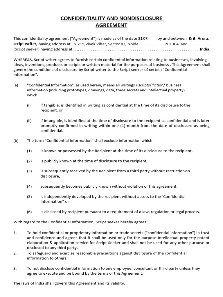 Confidentiality Agreement for Scripts | PDF | Non Disclosure Agreement ...