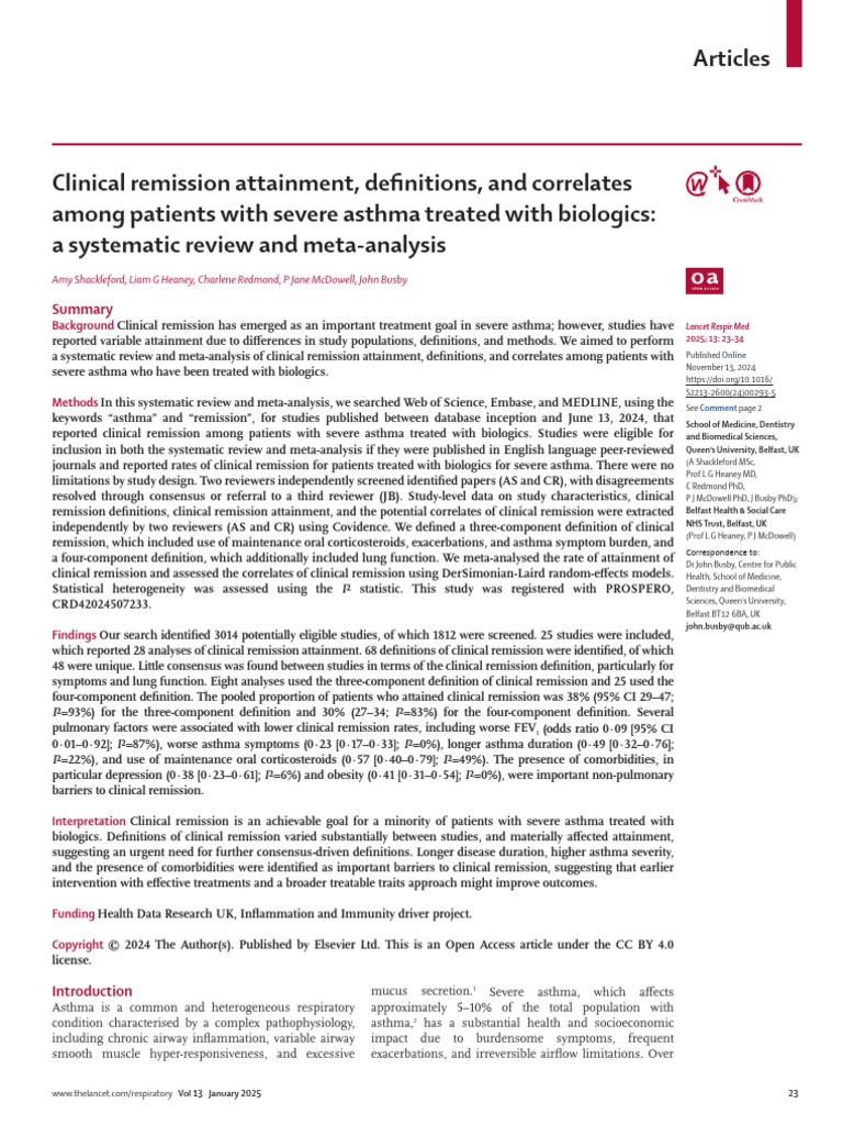 Clinical Remission Attainment, Definitions, and Co | PDF | Asthma ...