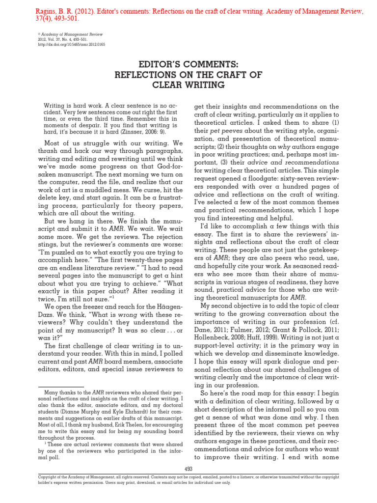 Ragins (2012) AMR Clear Writing | PDF | Thought | Theory