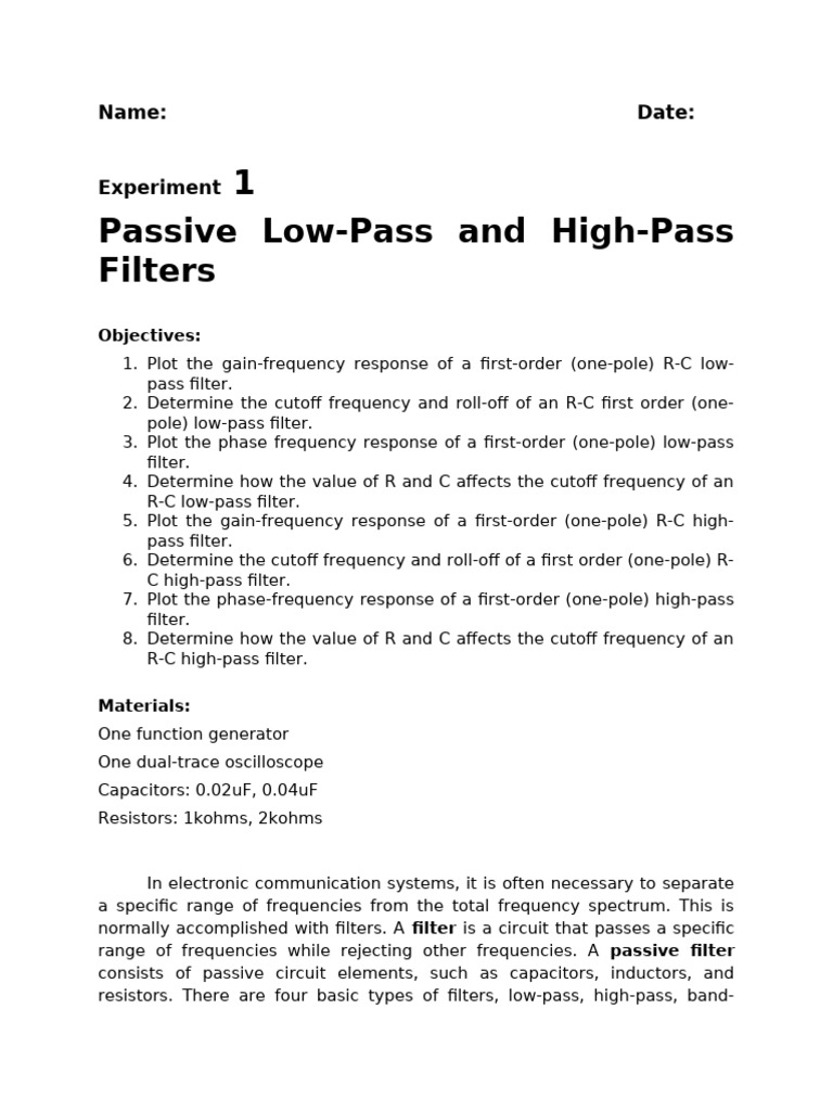 R-C Low-Pass and High-Pass Filter Analysis | PDF | Low Pass Filter ...
