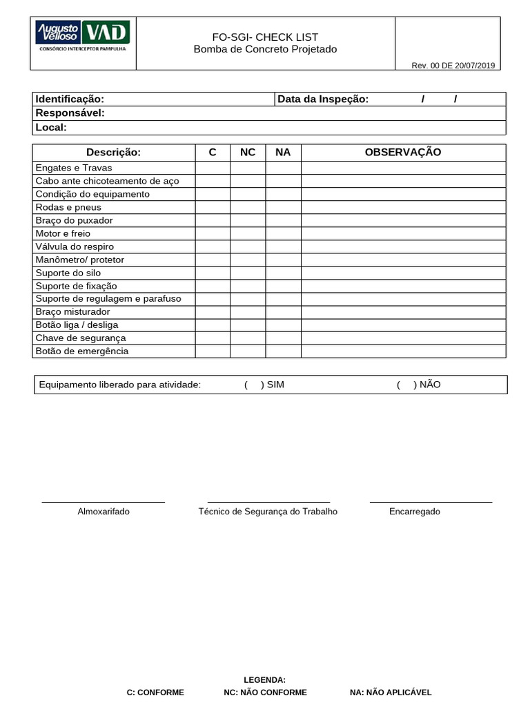 Checklist de Inspeção Bomba de Concreto | PDF