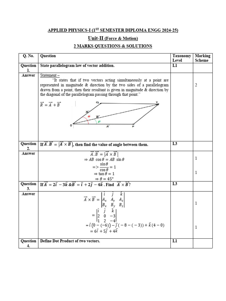 Force and Motion: 2 Marks Q&A Solutions | PDF | Acceleration | Force