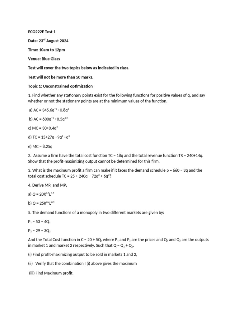 Eco222e Test 1 Optimization Topics Pdf