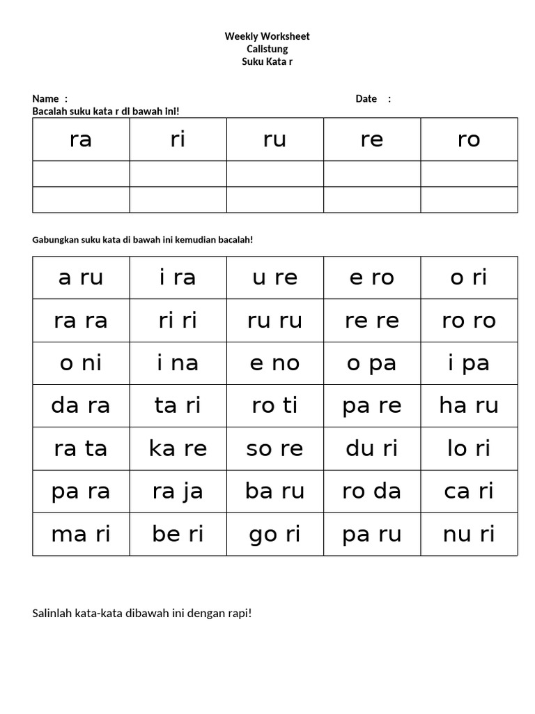 Ra Ri Ru Re Ro: Weekly Worksheet Calistung Suku Kata R | PDF