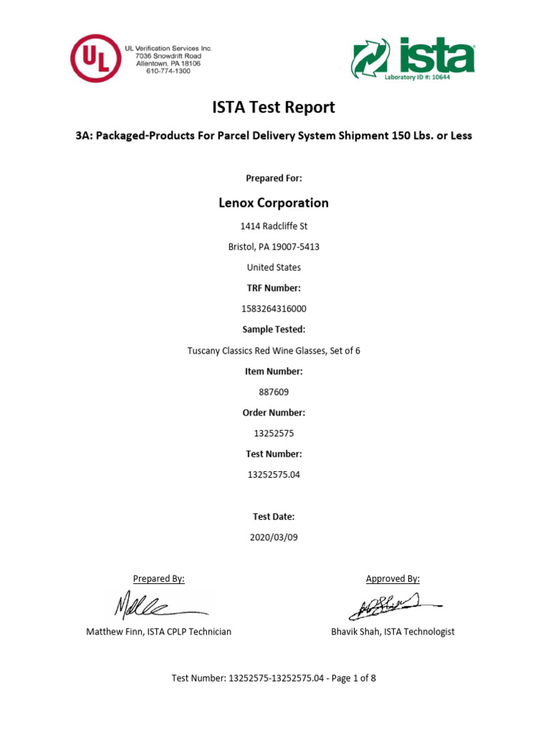 ISTA 3A Test Report for Wine Glasses | PDF