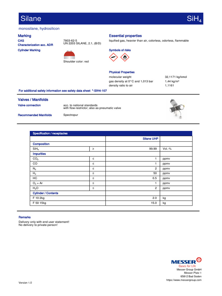 Silane (SiH₄) Properties and Safety Data | PDF | Liquids | Gases