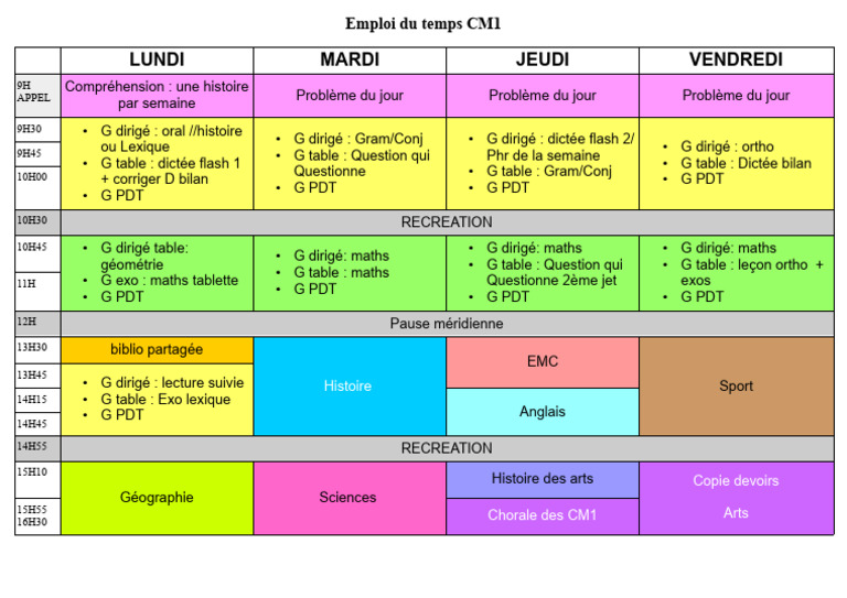 Emploi du temps CM1 détaillé | PDF