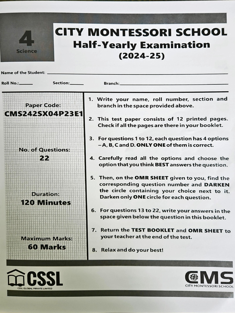 Grade 4 Science Half-Yearly Exam 2024 | PDF | Water | Dietary Fiber