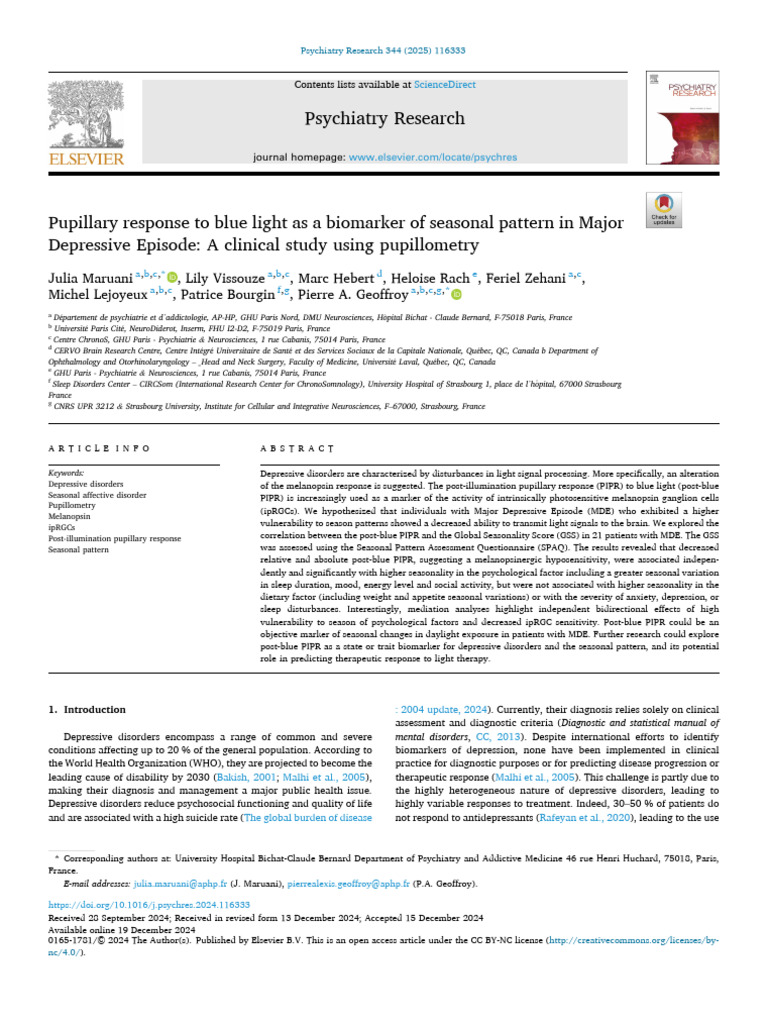 Blue Light Pupillary Response in Depression | PDF | Major Depressive ...