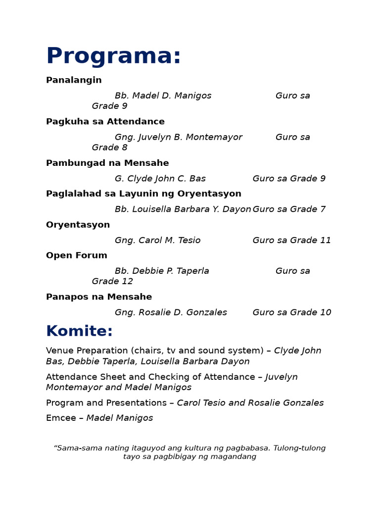 Program Sa Oryentasyon | PDF