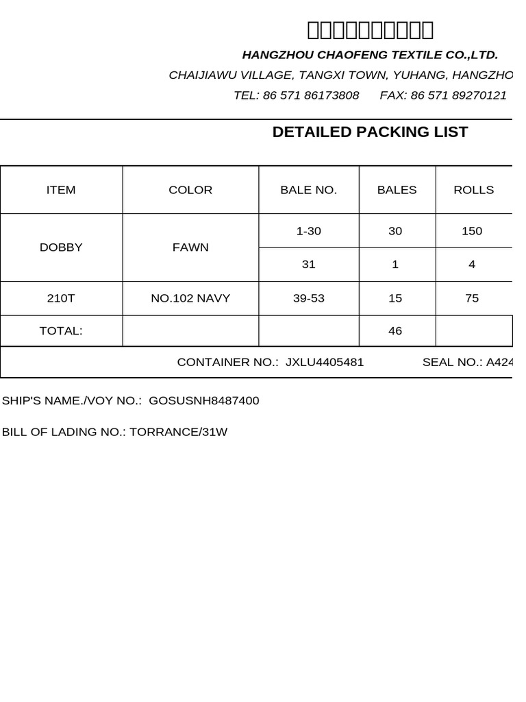 Hangzhou Chaofeng Textile Packing List | PDF