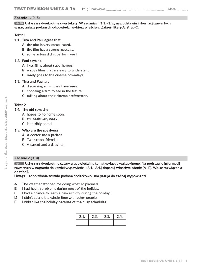 Repetytorium Test Revision Units 8-14 | PDF