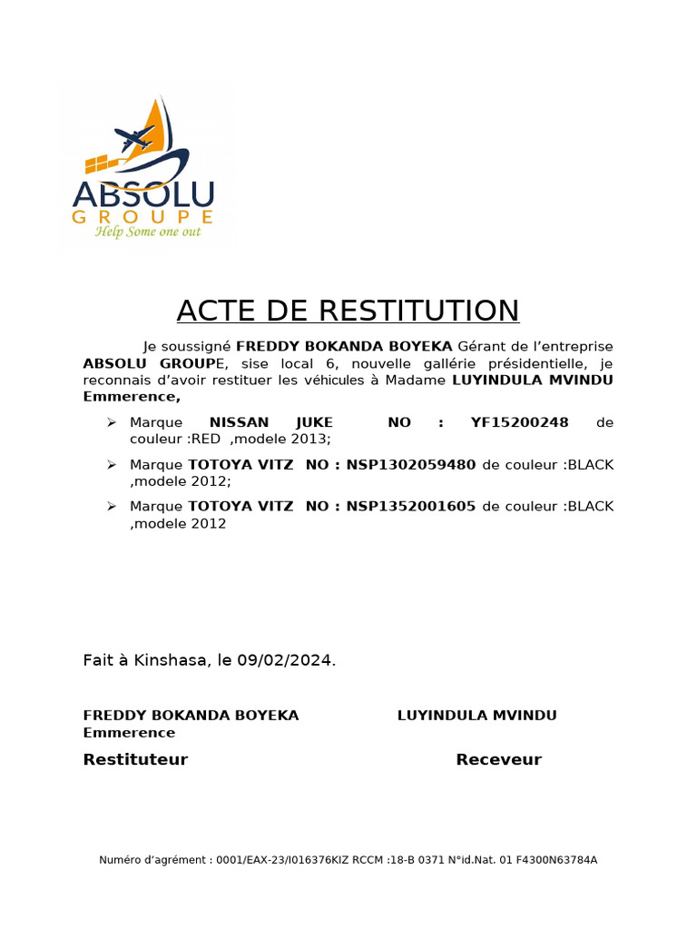 Actes de restitution de véhicules | PDF