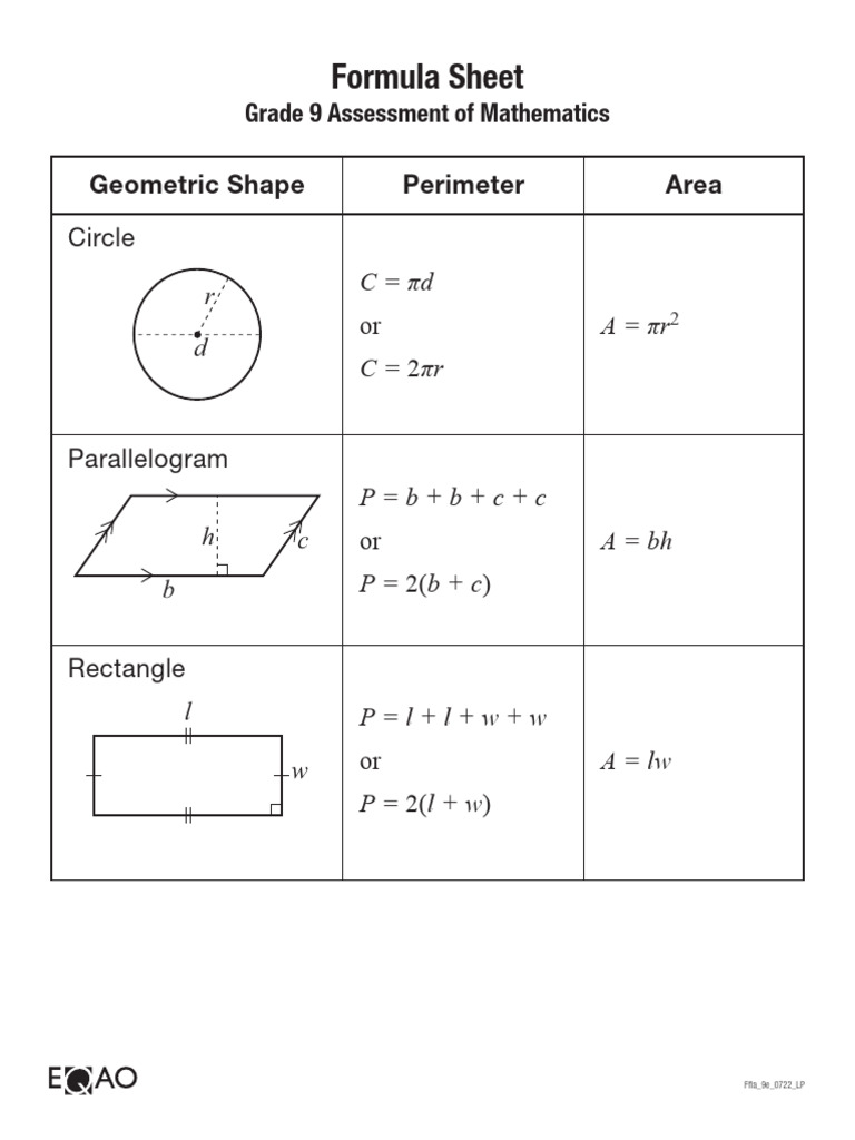 Grade 9 Math Formula Sheet | PDF | Area | Geometry