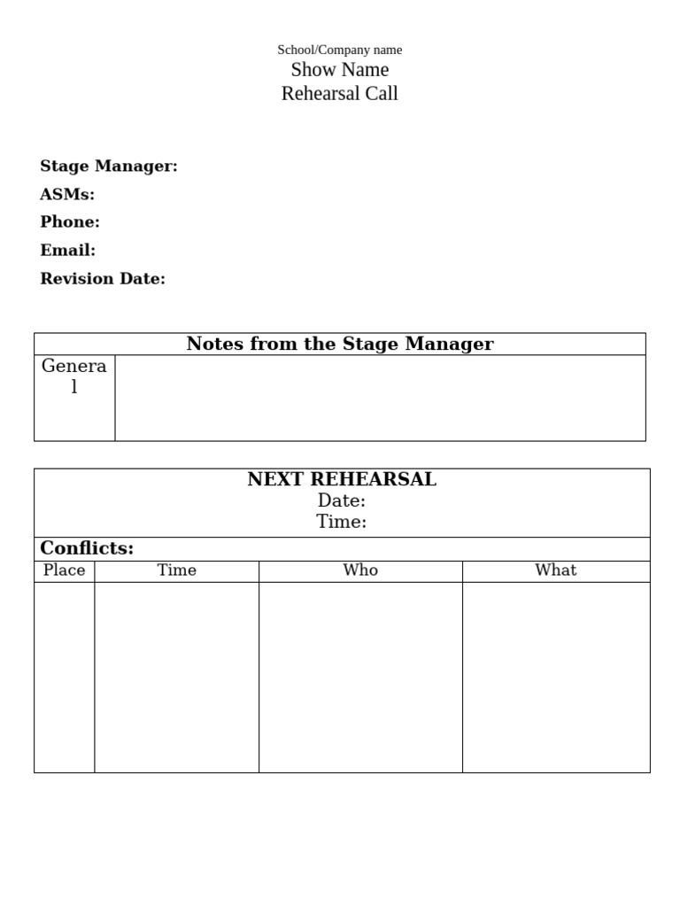 Rehearsal Call Details and Notes | PDF