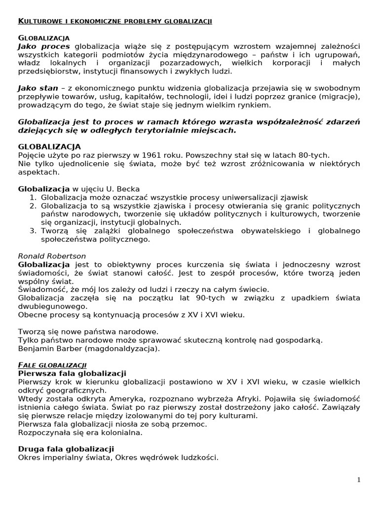 Kulturowe I Ekonomiczne Problemy Globalizacji | PDF