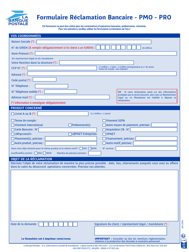 Formulaire Reclamation Bancaire Specifique PMO - PRO | PDF | Médiation ...