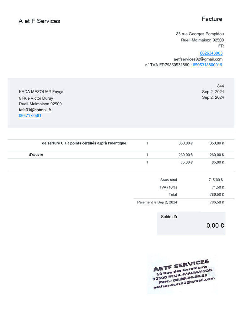 Facture A et F Services - Sep 2024 | PDF