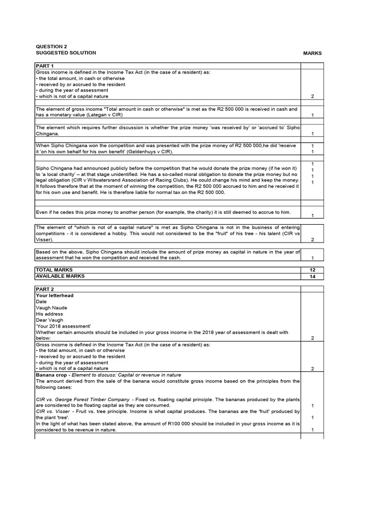 Tax 2A Test 1 Solution Q2 | PDF | Gross Income | Taxpayer