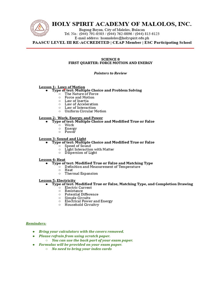 Science 8 - 1st Quarter Pointers To Review - Google Docs | PDF