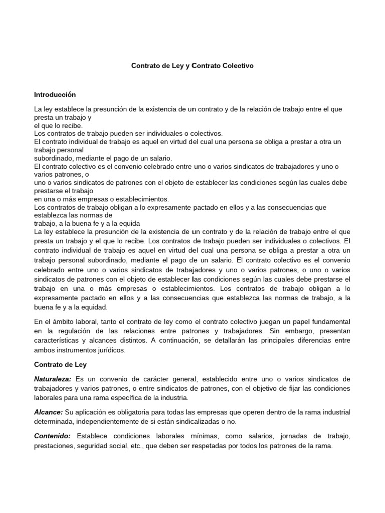 Diferencias entre Contrato de Ley y Colectivo | PDF | Derecho laboral ...
