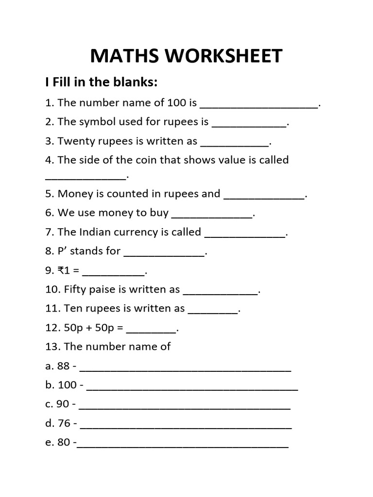 MATHS WORKSHEET | PDF | Rupee | Numismatics