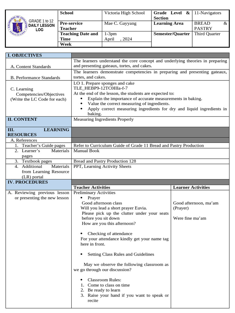 Daily Lesson Log: Baking Measurements | PDF | Baking | Cakes