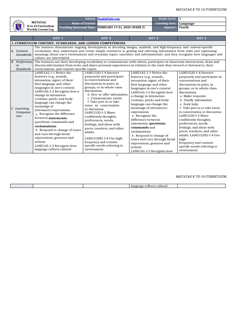 K to 10 Language Lesson Plan | PDF | Learning | Curriculum