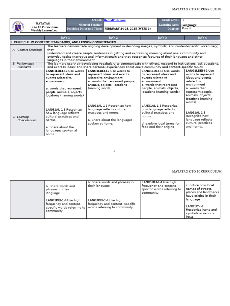 DLL Matatag - Language 1 - Q4 - W3 | PDF
