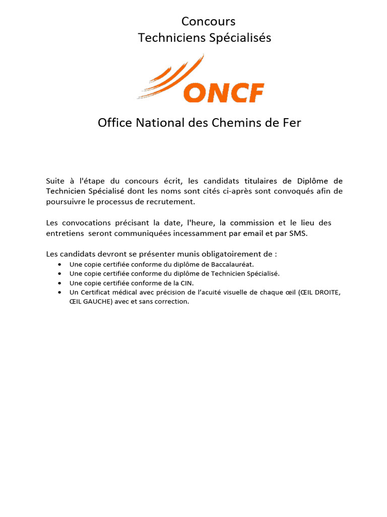 Convocation des candidats ONCF | PDF